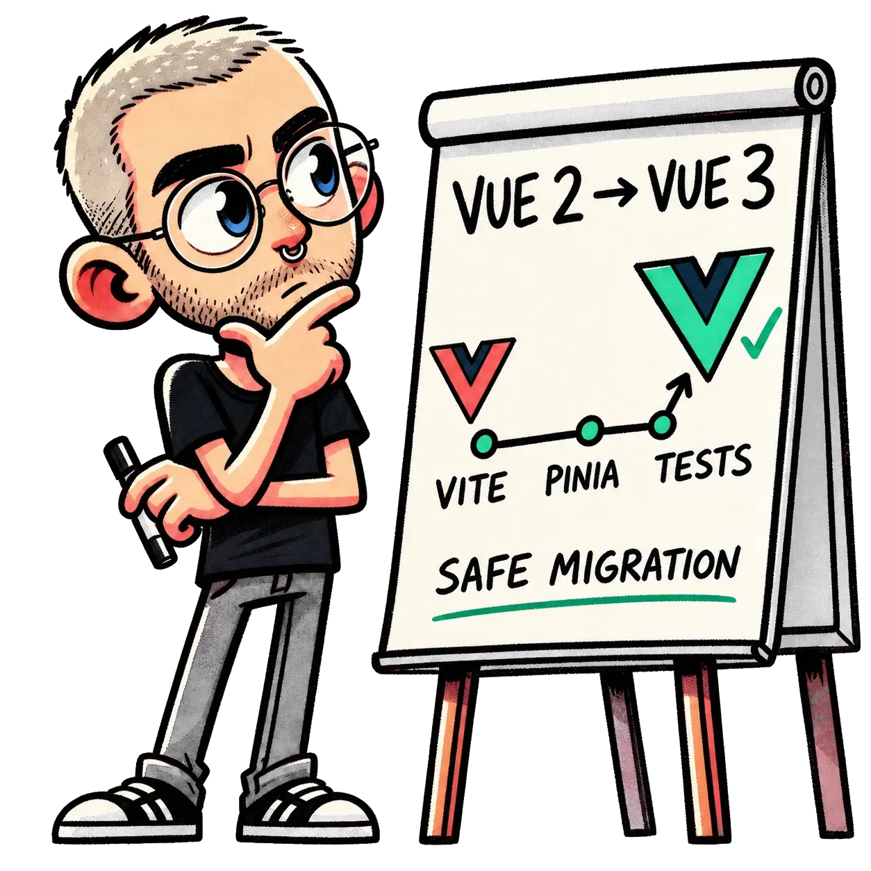 The migrate-vue consultant thinking beside a flipchart that maps Vue 2 to Vue 3 and related ecosystem upgrades